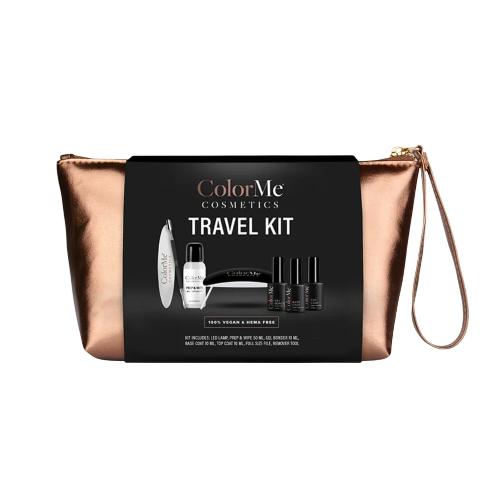 Set ColorMe Cosmetics: ColorMe Zippered GWP Textile Pouch + ColorMe Gel Semi-Permanent Nagų lakas, 10 ml + ColorMe Base Coat Semi-Permanent Nagų lakas, 10 ml + ColorMe Top Coat Semi-Permanent Nagų lakas, 10 ml + ColorMe Nail File + ColorMe Nail Led Lam