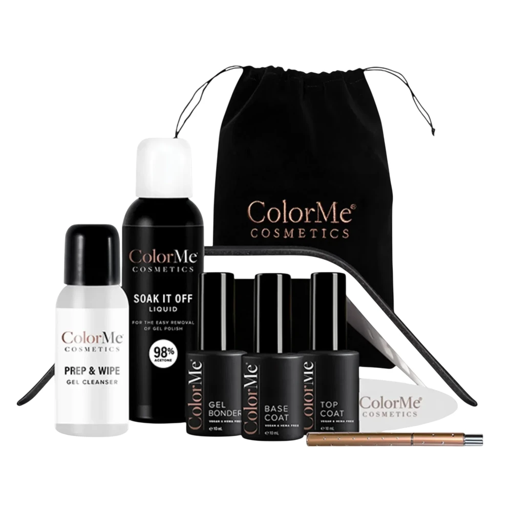 Set ColorMe Cosmetics: ColorMe, Gel, Semi-Permanent Nagų lakas, 10 ml + ColorMe, Base Coat, Semi-Permanent Nagų lakas, 10 ml + ColorMe, Top Coat, Semi-Permanent Nagų lakas, 10 ml + Prep & Wipe, Nagų lakas Remover, 50 ml + Soak It Off, Nagų lakas Remover, 100 ml + ColorMe, Nail Led Lamp, Juodas + ColorMe, Nail File + ColorMe, Cuticle Pusher