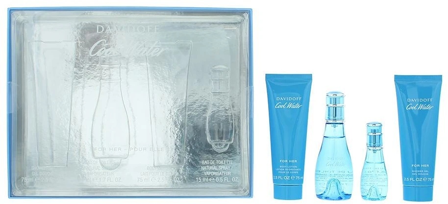Set Davidoff: Cool Vanduo Losjonas kūnui Body, 75 ml + Cool Vanduo Eau De Toilette For Women, 50 ml + Cool Vanduo Dušo želė All Skin Types, 75 ml + Cool Vanduo Eau De Toilette For Women, 15 ml *Miniature