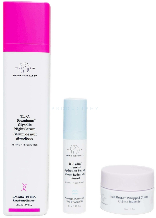 Drunk Elephant Rinkinys „Girtas dramblys“: T.L.C. „Framboos“ glikolinis rafinuojamasis naktinis serumas veidui, 50 ml + „B-Hydra“ intensyviai drėkinamasis serumas veidui, 8 ml + „Lala Retro Recovery Kreminis“ veidui, 15 ml
