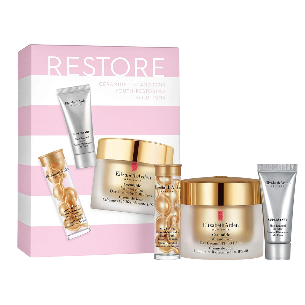 Rinkinys Elizabeth Arden: „Superstart“, atkuriamasis, serumas, 5 ml + keramidas, drėkinamasis, kremas, veidui, SPF 30, 50 ml + pažangus keramidas, atkuriamasis, serumo kapsulės, veidui, 7 vnt.