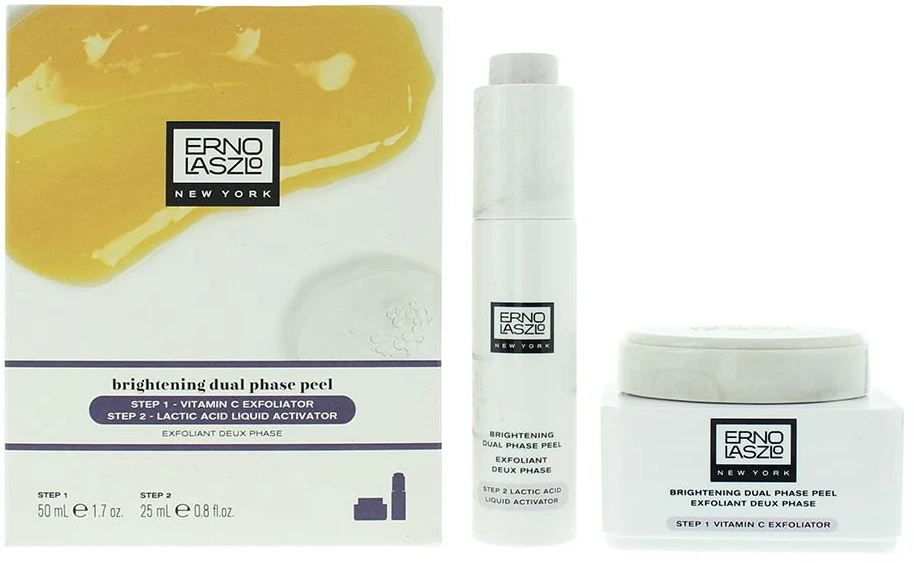 Erno Laszlo rinkinys: 1 žingsnis Polilaktinės rūgšties šveičiamasis kremas, 25 ml + 2 žingsnis Pieno rūgšties serumas veidui, švelniai pašalinantis blandumą, 25 ml
