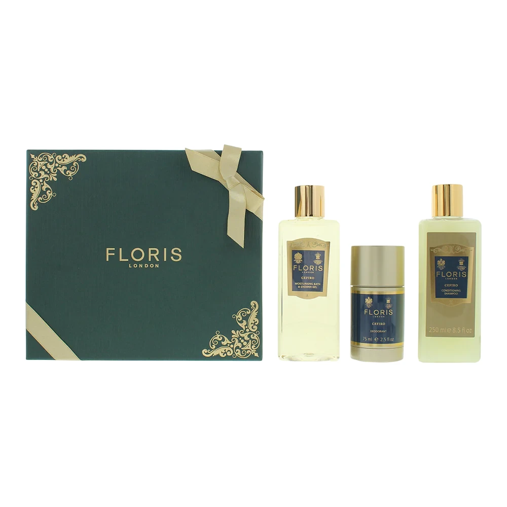 Set Floris Of London: Cefiro Hair Šampūnas For Conditioning, 250 ml + Cefiro Moisturizing Dušo želė For All Skin Types, 250 ml + Cefiro Anti-Perspirant Dezodorantas Stick Unisex, 75 g