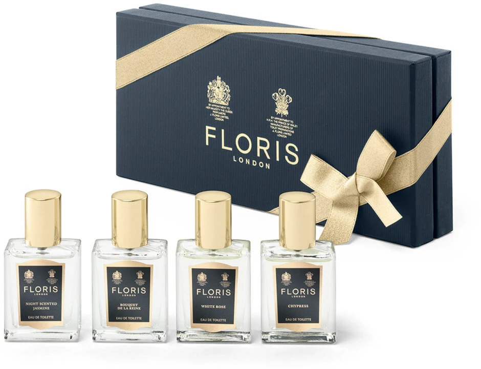 Floris Of London rinkinys: Naktinio kvapo jazminų tualetinis vanduo moterims, 15 ml + Bouquet De La Reine tualetinis vanduo moterims, 15 ml + Baltas Rose tualetinis vanduo moterims, 15 ml + Chypress tualetinis vanduo Unisex, 15 ml