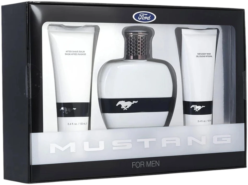 Rinkinys „Ford“: „Mustang Baltas“ tualetinis vanduo vyrams, 100 ml + „Mustang Baltas“ balzamas po skutimosi, 100 ml + „Mustang Baltas“ kūno prausiklis plaukams ir kūnui, 100 ml
