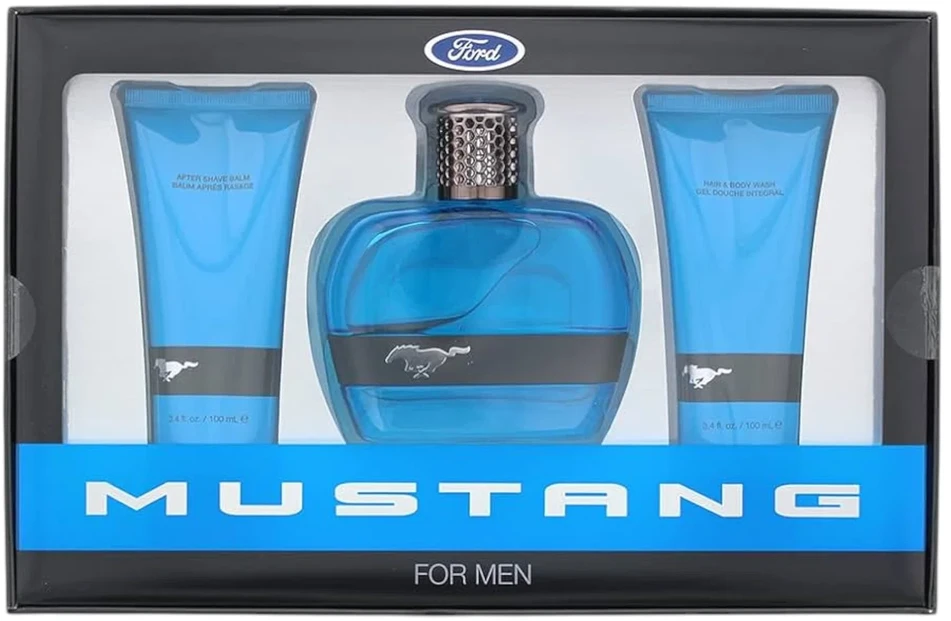 Rinkinys „Ford“: „Mustang Mėlyna“ tualetinis vanduo vyrams, 100 ml + „Mustang Mėlyna“ drėkinamasis balzamas po skutimosi, 100 ml + „Mustang Mėlyna“ drėkinamasis kūno prausiklis plaukams ir kūnui, 100 ml