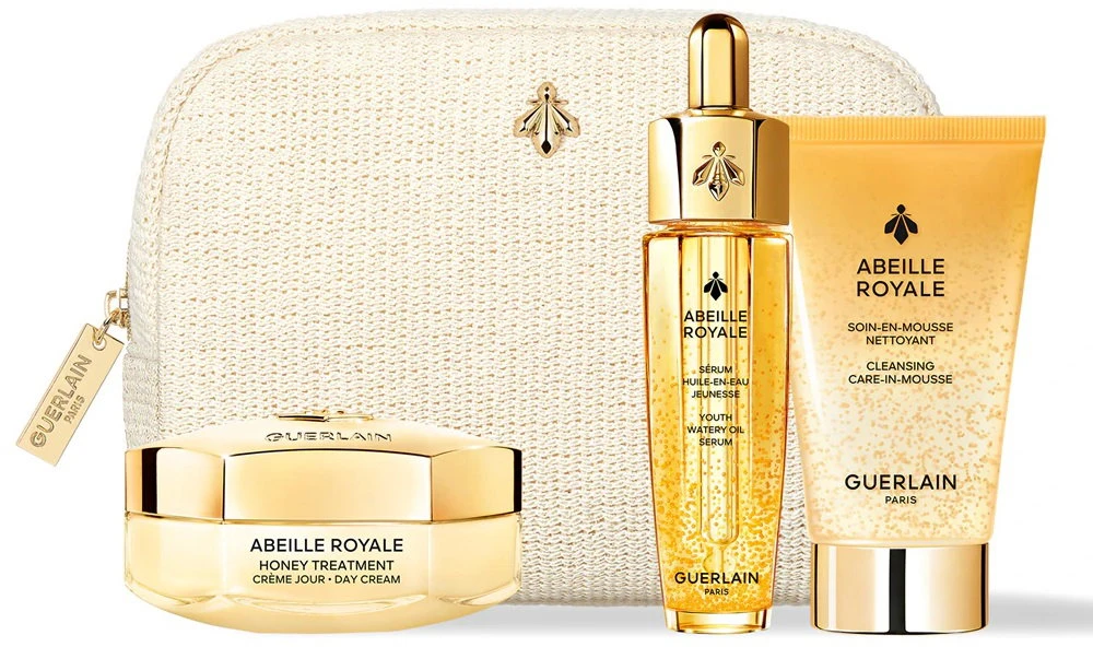 Set Guerlain: Abeille Royale Honey Age-Defying Day Kreminis veidui, 50 ml + Abeille Royale Replumping Oil veidui ir kaklui, 15 ml + Abeille Royale Cleansing Foam, 40 ml