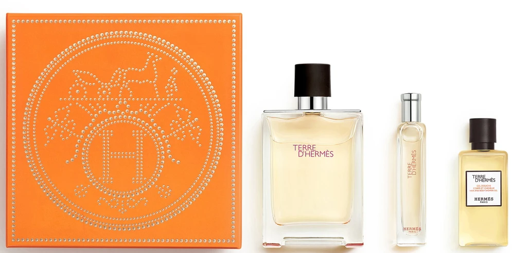 Set Hermes: Terre d'Hermes, Eau De Toilette, For Men, 100 ml + Terre d'Hermes, Eau De Toilette, For Men, 15 ml + Terre d'Hermes, Dušo želė, For All Skin Types, 40 ml