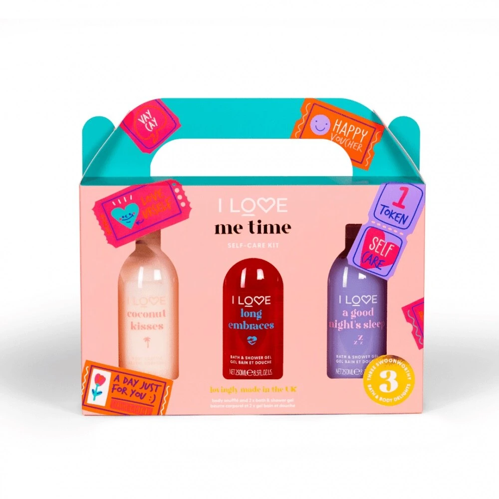 I Love Rinkinys, kurį dievinu: „Long Embraces Hydrating Dušo želė visiems odos tipams“, 250 ml + „Coconut Kisses Hydrating Dušo želė visiems odos tipams“, 250 ml + „A Good Night's Sleep Hydrating Dušo želė visiems odos tipams“, 250 ml