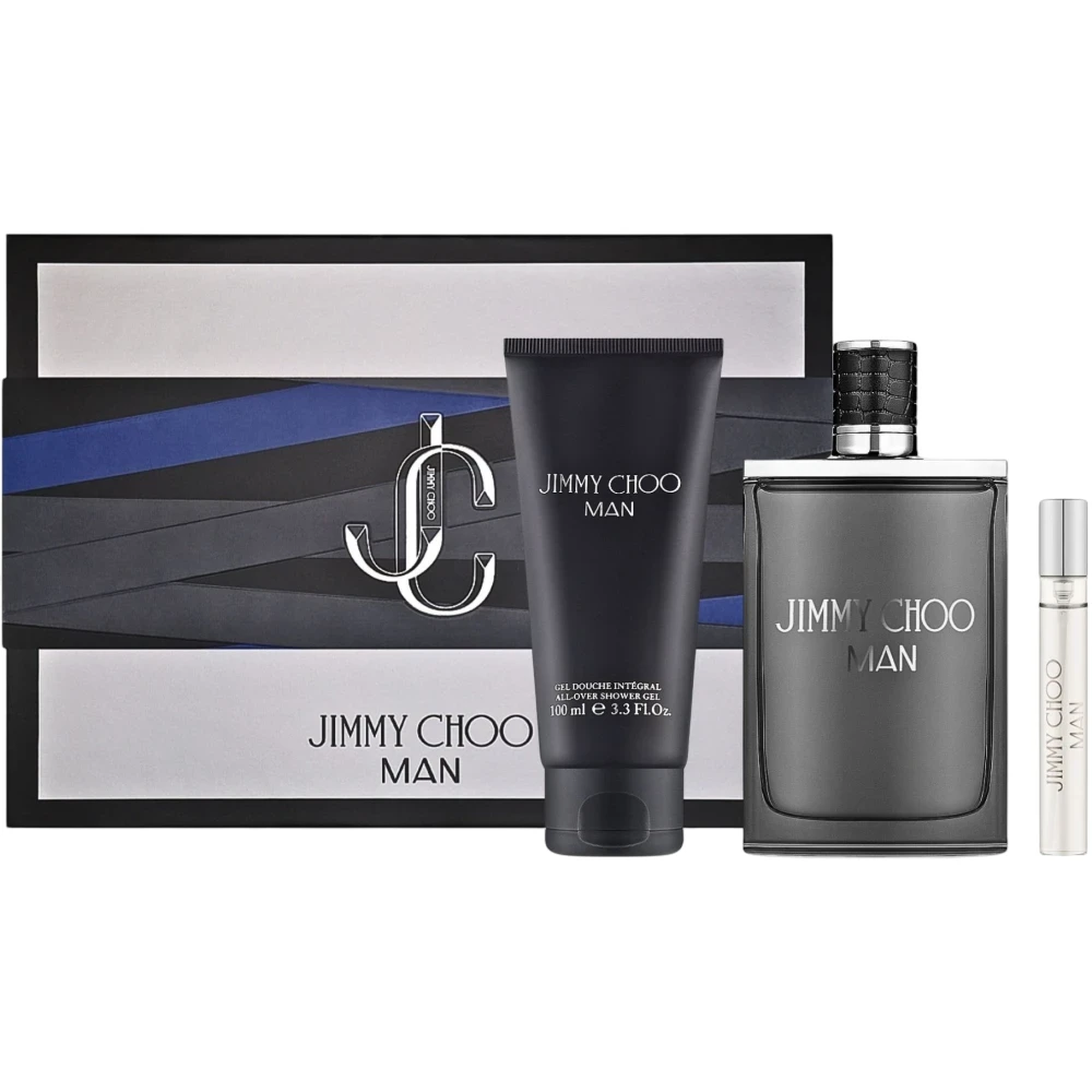 Rinkinys „Jimmy Choo“: tualetinis vanduo vyrams, 100 ml + tualetinis vanduo vyrams, 10 ml + dušo želė kūnui, visiems odos tipams, 100 ml