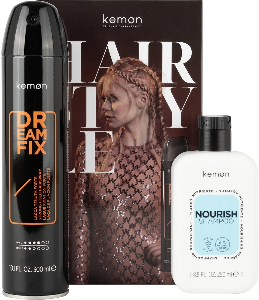 Set Kemon: Dreamfix, Plaukų lakas, Strong Hold, 300 ml + Nourish maitininantis, Hair Treatment Šampūnas, Dry, 250 ml
