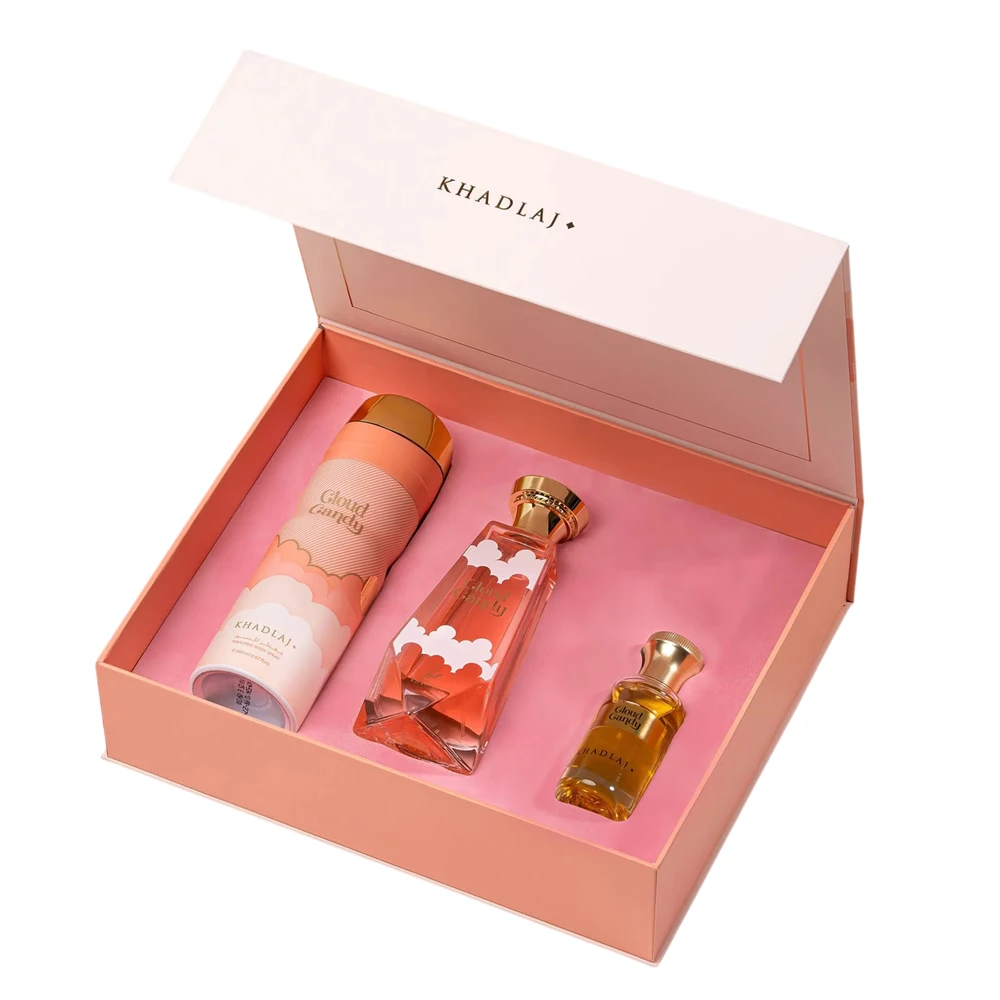 Set Khadlaj: Cloud Candy Extrait De Parfum Unisex, 100 ml + Cloud Candy dezodorantas purškiklis moterims, 200 ml + Cloud Candy kvepalų aliejus unisex, 25 ml