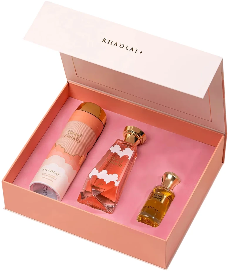 Set Khadlaj: Cloud Candy Extrait De Parfum Unisex, 100 ml + Cloud Candy dezodorantas purškiklis moterims, 200 ml + Cloud Candy kvepalų aliejus unisex, 25 ml