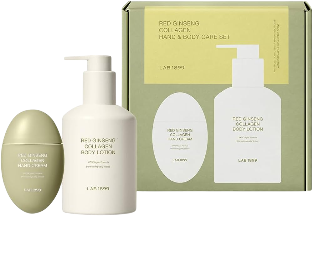Set Lab 1899: Raudonojo ženšenio su kolagenu drėkinamasis kūno losjonas, 250 ml + Raudonojo ženšenio su kolagenu elastingumą gerinantis rankų kremas, 50 ml