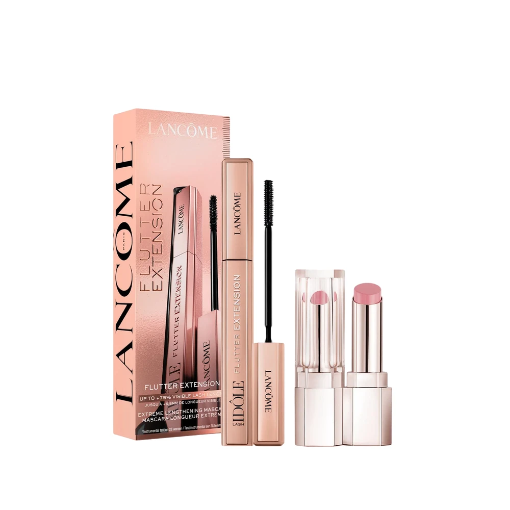 Set Lancome: Flutter Extension Extreme Lenghtening & Volum Lashes Blakstienų tušas 01 True Juodas 8.5 ml + Idole Lip Butterglow Hydrating Lūpų balzamas 10 Keep It Glowy 0.6 g