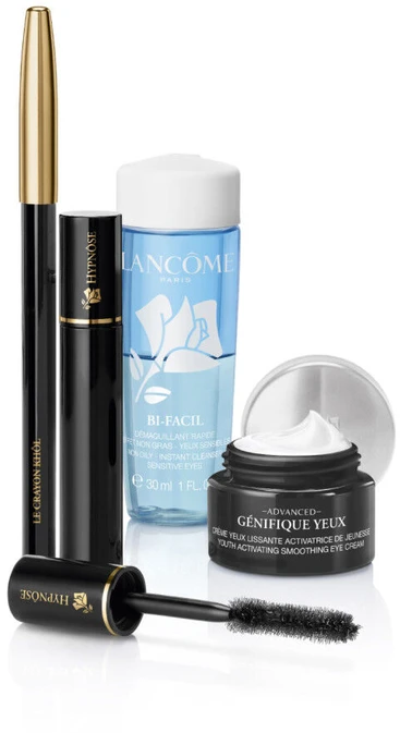 Set Lancome: Hypnose Blakstienų tušas Juodas, 2 ml + Le Crayon Khol Kohl Kajal Eye Pieštukas 1 Noir 1.8 g + Bi-Facil makiažo valiklis Lotion, 30 ml + Advanced Genifique Yeux Eye Serum, 5 ml