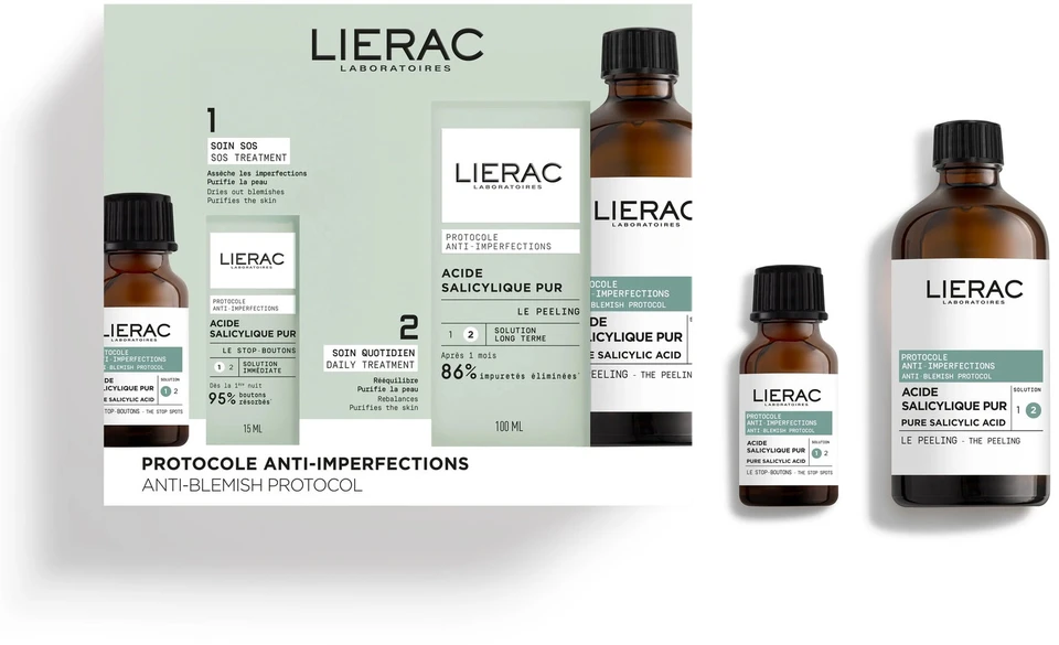 Set Lierac: Anti-Blemish Protocol Stop Spots Anti Spot Local Treatment Kreminis For Face, 15 ml + Anti-Blemish Peeling Exfoliating Peeling Lotion, 100 ml