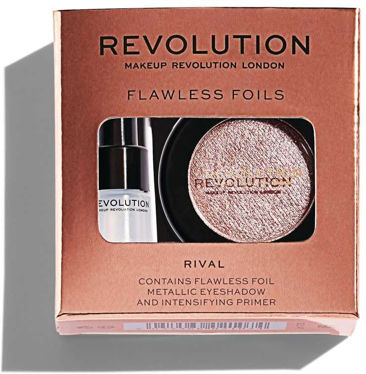 Rinkinys „Makeup Revolution“: „Flawless Foils“ veganiškų akių šešėlių pagrindas, 2 ml + „Flawless Foils“ veganiškų akių šešėlių paletė „Rival“, 2 g