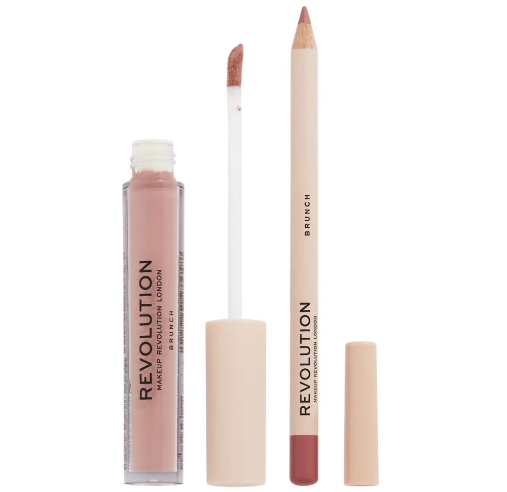 Rinkinys „Makeup Revolution“: skysti lūpų dažai „Makeup Revolution Brunch“, 3 ml + lūpų pieštukas „Makeup Revolution Precision Lip Liner Brunch“, 1 g