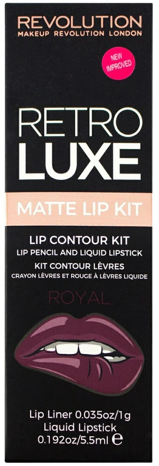 Rinkinys „Makeup Revolution“: „Retro Luxe Matte“ skysti lūpų dažai „Royal“ 5,5 ml + „Retro Luxe“ lūpų pieštukas „Royal“, 1 g