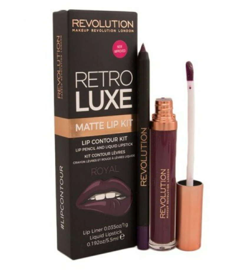 Rinkinys „Makeup Revolution“: „Retro Luxe Matte“ skysti lūpų dažai „Royal“ 5,5 ml + „Retro Luxe“ lūpų pieštukas „Royal“, 1 g