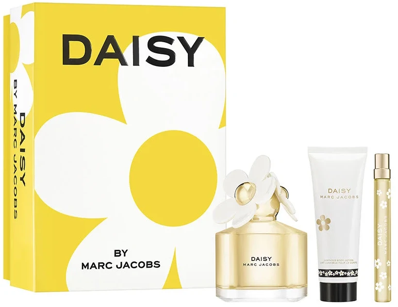 Rinkinys Marc Jacobs: „Daisy“ tualetinis vanduo moterims, 100 ml + „Daisy“ tualetinis vanduo moterims, 10 ml + „Daisy“ drėkinamasis losjonas kūnui, 75 ml