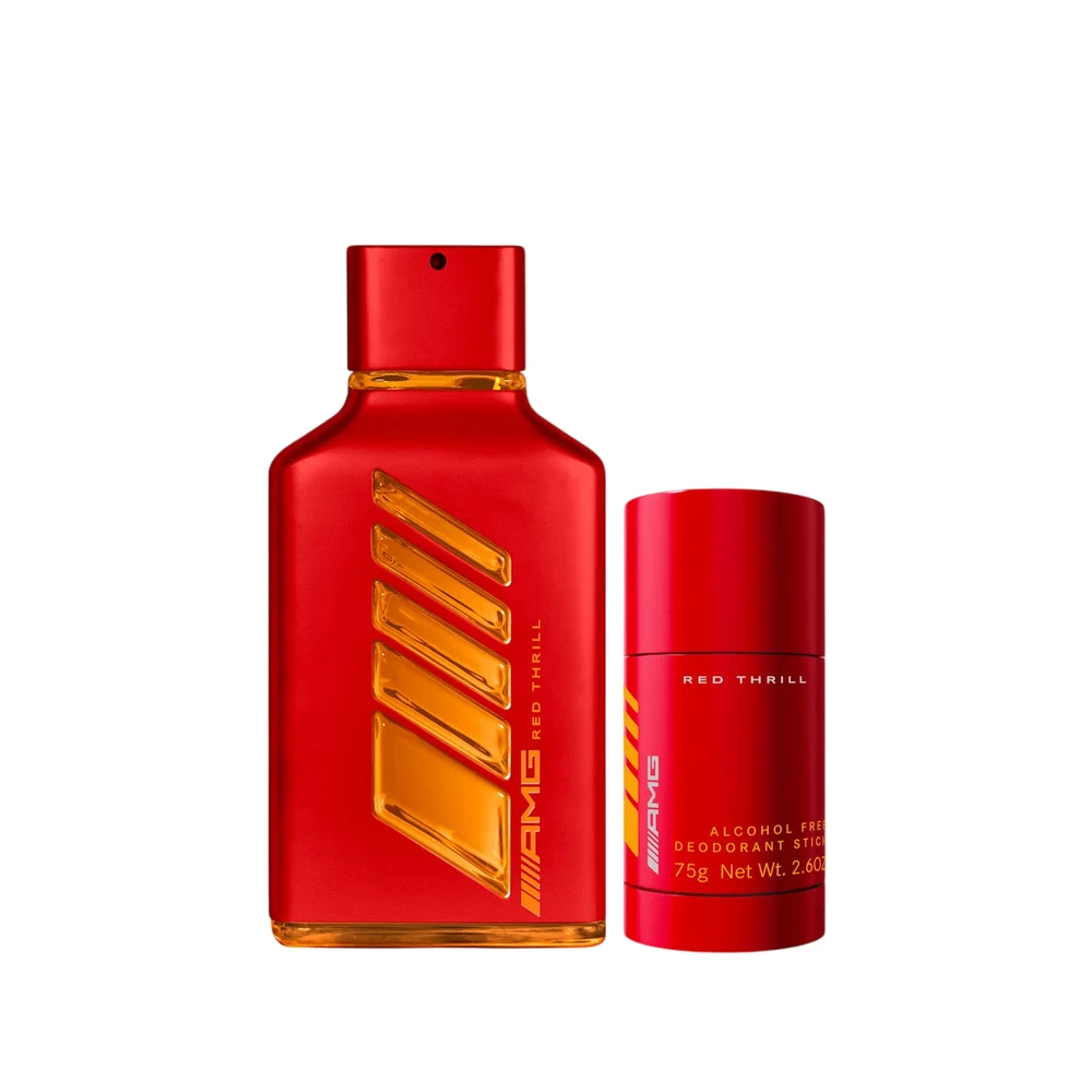 Set Mercedes-Benz: AMG Raudona Thrill Eau De Parfum For Men, 100 ml + AMG Raudona Thrill Dezodorantas Stick For Men, 75 g