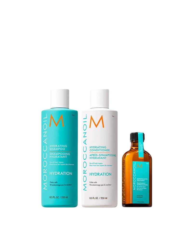 Rinkinys Moroccanoil: drėkinamasis plaukų kondicionierius be parabenų, suteikiantis blizgesio, 250 ml + drėkinamasis plaukų šampūnas be parabenų, suteikiantis blizgesio, 250 ml + Moroccanoil plaukų aliejus, suteikiantis gyvybingumą ir stiprumą, 50 ml