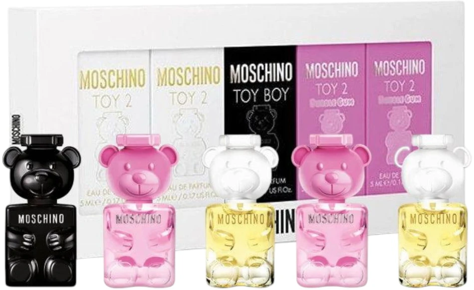 Moschino rinkinys: Toy 2 Bubble Gum EDP Unisex, 2 buteliukai, 5 ml + Toy 2 EDP Unisex, 2 buteliukai, 5 ml + Toy Boy Unisex parfuminis vanduo, 5 ml