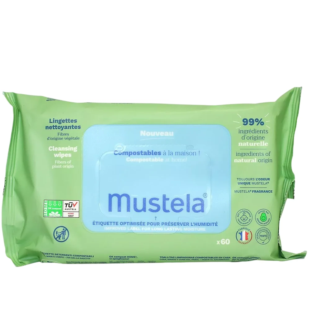 Mustela Baby Compostable Cleaning Wipes With Fragrance drėgnos valomosios servetėlės vaikams, 60 vnt.
