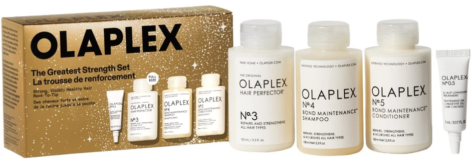 Olaplex The Greatest Strength Set rinkinys (galvos odos losjonas, 5 ml + plaukų šampūnas, 100 ml + plaukų kaukė, 100 ml + plaukų kondicionierius, 100 ml)