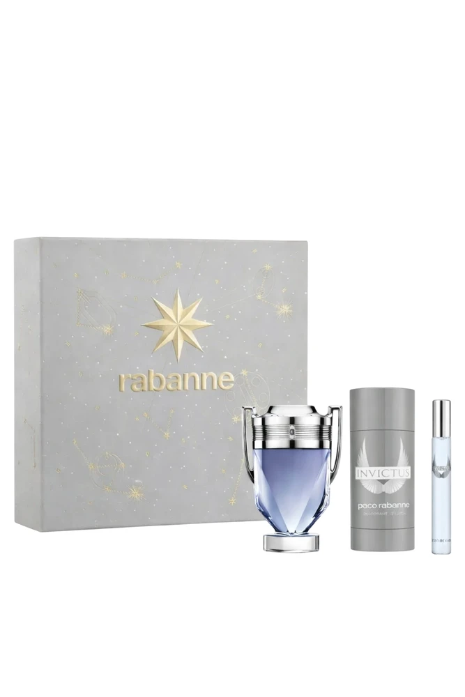 Set Paco Rabanne: Invictus Eau De Toilette For Men, 100 ml + Invictus Eau De Toilette For Men, 10 ml + Invictus Anti-Perspirant Dezodorantas Stick For Men, 75 g