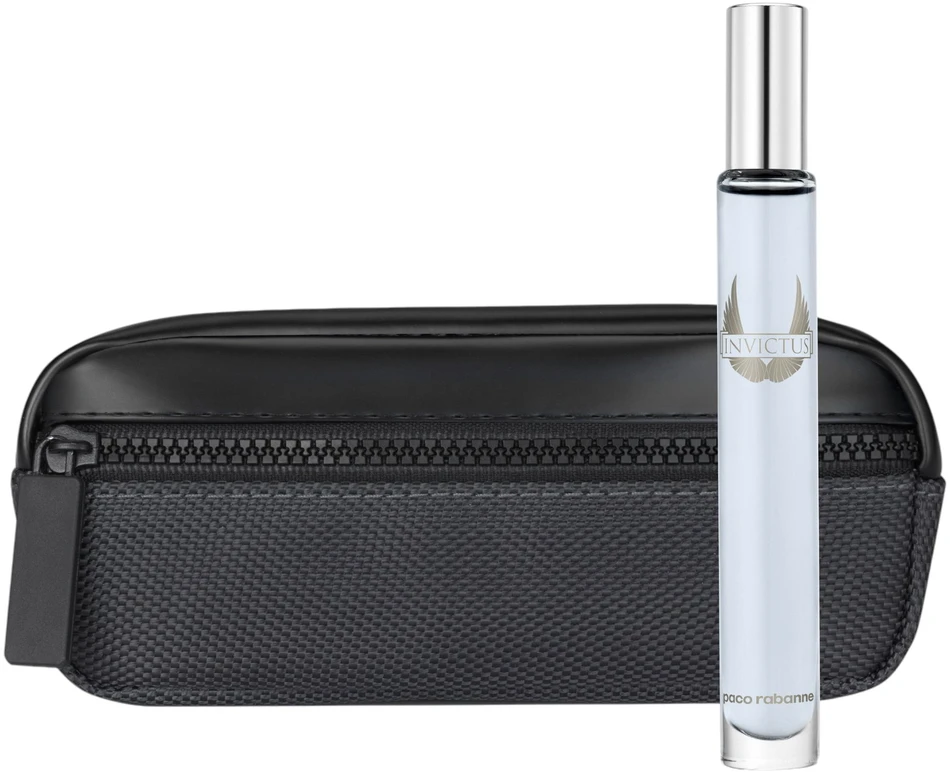 Rinkinys Paco Rabanne: Invictus Eau De Toilette For Men, 10 ml *Miniatiūrinis + Invictus kelioninis maišelis Juodas