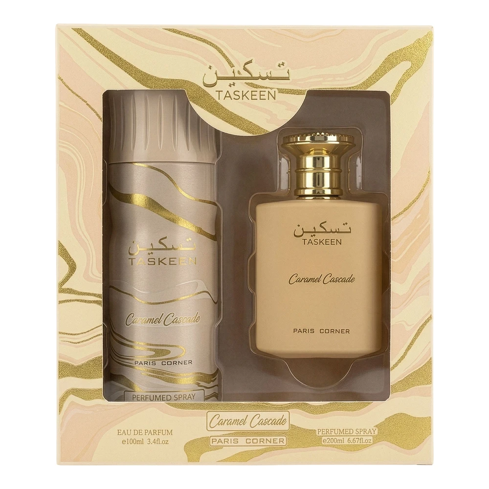 Set Paris Corner: Taskeen Caramel Cascade Eau De Parfum Unisex, 100 ml + Taskeen Caramel Cascade Dezodorantas Purškiklis Unisex, 200 ml
