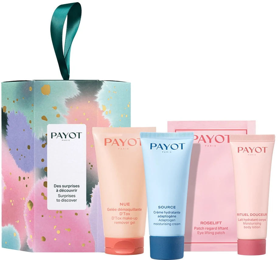 Set Payot: Nue makiažo valiklis Gel, 50 ml + Source Adaptogen drėkinamasis kremas veidui, 30 ml + Rituel Douceur drėkinamasis losjonas kūnui, 25 ml + Roselift liftinginiai pleistrai akims, 2 vnt., 2 g