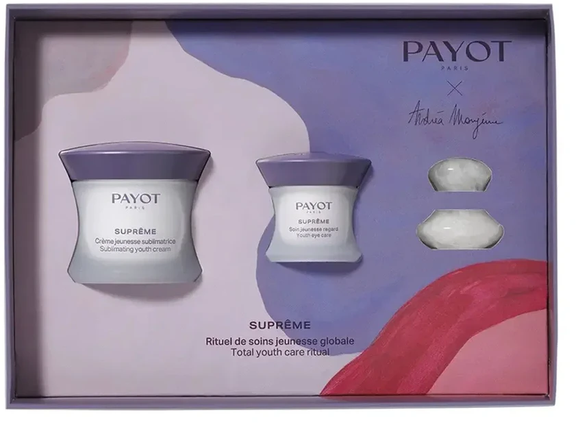 Set Payot: Supreme Sublimating Anti-Aging Day Kreminis For Face, 50 ml + Supreme Jeunesse Le Regard Hydrating Paakių kremas, 15 ml + Gua Sha Baltas Lifting Face Massage Stone