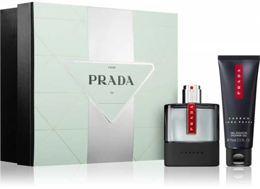 Prada rinkinys: Luna Rossa Carbon tualetinis vanduo vyrams, 50 ml + Luna Rossa Carbon atgaivintas dušo želė kūnui, 75 ml