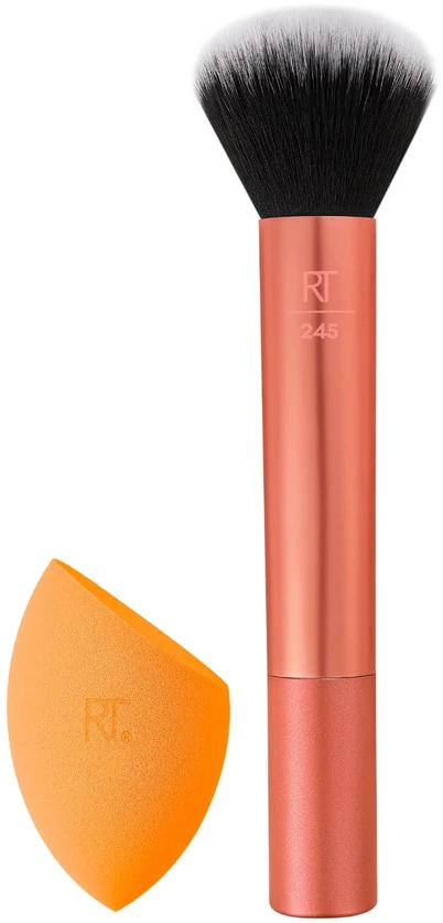 Rinkinys „Real Techniques“: makiažo pagrindas „Real Techniques Blending Foundation Rt 245“ + stebuklinga makiažo kempinėlė „Oranžinis“