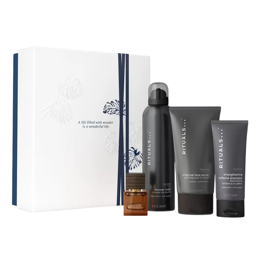 Set Rituals: L'Essentiel, Eau De Parfum, For Men, 50 ml + Homme, Caffeine, Hair Šampūnas, For Strengthening, 70 ml + Homme, Charcoal, Eliminates Impurities, Cleansing Scrub, For Face, 125 g + Homme, Invigorating, Shower Mousse, 200 ml