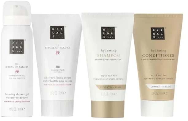 Set Rituals: The Ritual Of Sakura, Shower Mousse, 50 ml + The Ritual Of Sakura, Hydrating, Body Kreminis, 70 ml + The Ritual Of Sakura, Hair Šampūnas, For maitininantis, 70 ml + The Ritual Of Sakura, Natural, Hair Conditioner, Smooth, 70 ml