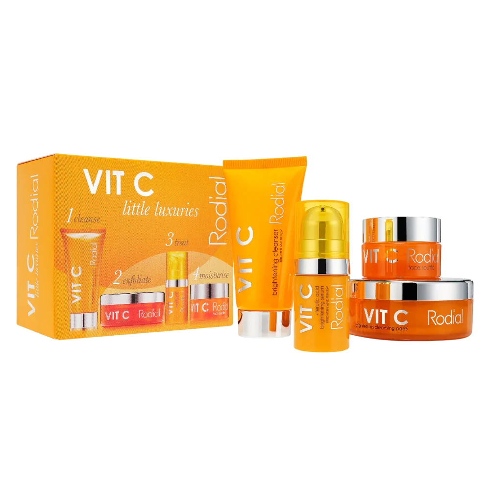 Rinkinys „Rodial“: Vit C skaistinamasis serumas veidui, 5 ml + Vit C skaistinamosios valomosios kempinėlės, 20 vnt. + Vit C skaistinamoji suflė veidui, 10 ml + Vit C skaistinamasis valomasis gelis veidui, 20 ml