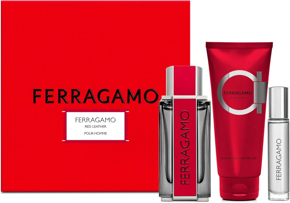 Salvatore Ferragamo Ferragamo Ferragamo Raudona Leather rinkinys vyrams (EDP, 100 ml + šampūnas ir dušo želė, 100 ml + EDP, 10 ml)