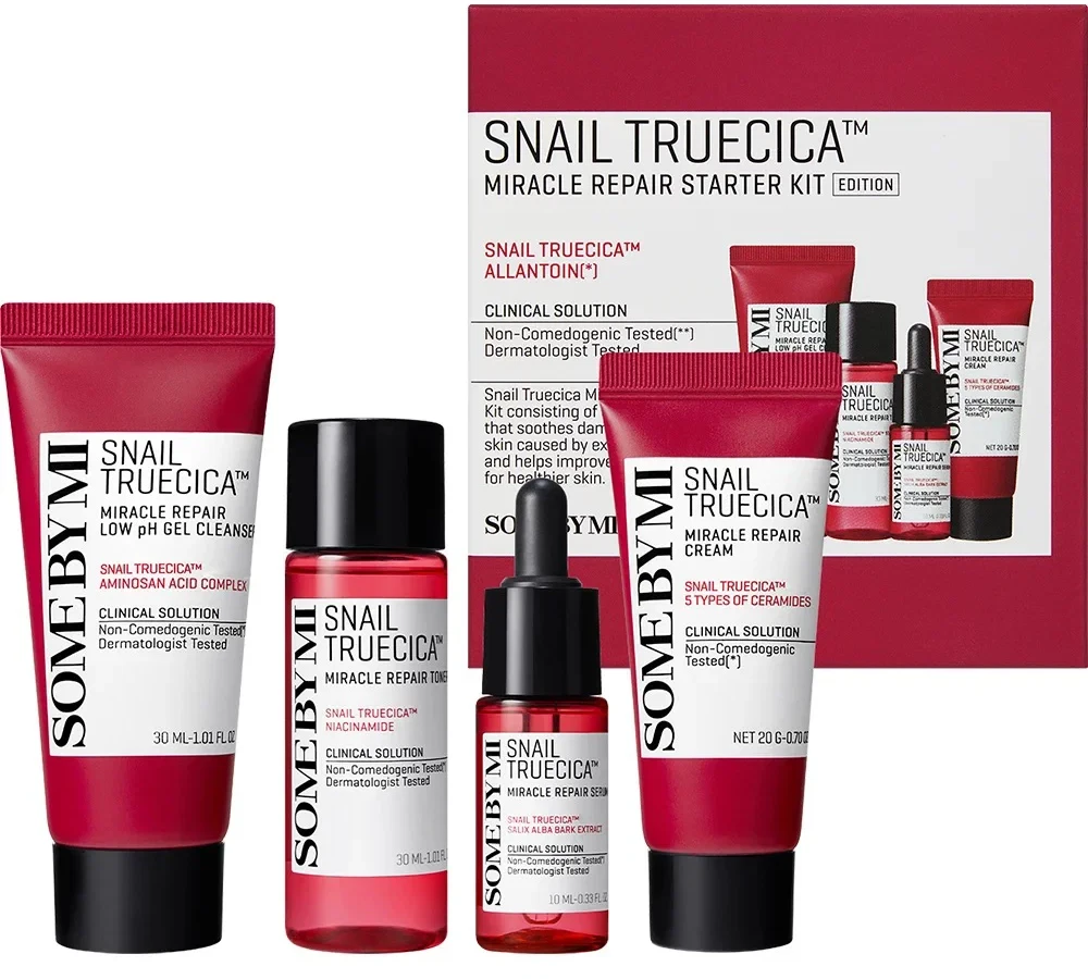 „Some By Mi“ – sraigių „Truecica Miracle Repair Starter Kit“ rinkinys, kelioninių dydžių dovanų dėžutė