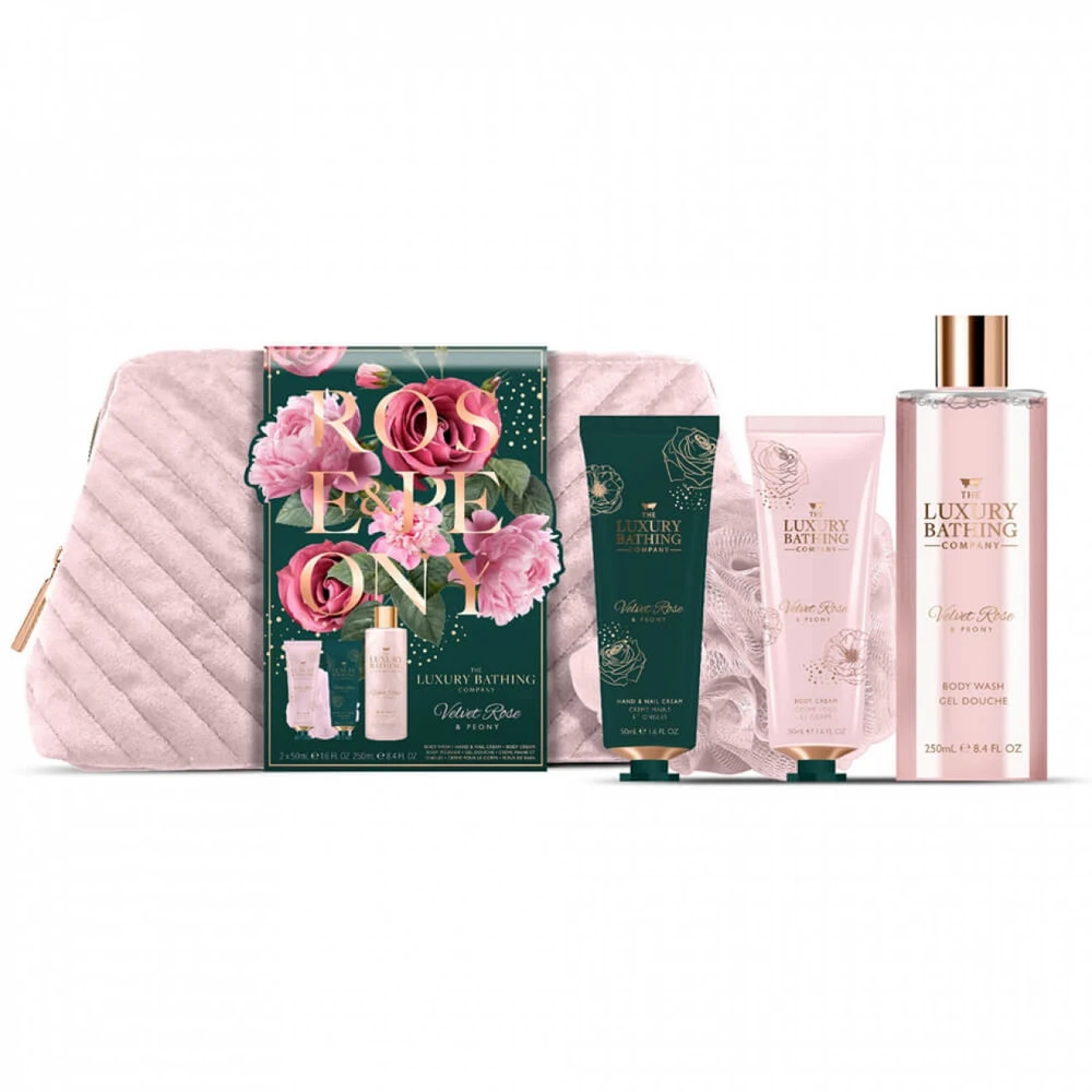 Set The Luxury Bathing Company: Velvet Rose & Peony Cleansing & Refreshing Dušo želė For All Skin Types, 250 ml + Velvet Rose & Peony Moisturizing Hand Kreminis, 50 ml + The Luxury Bathing Company Cleanse & Scrub Body Sponge + The Luxury Bathing Company Zip