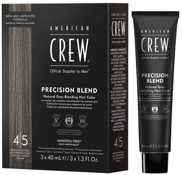 Rinkinys „Trio American Crew Precision Blend“ pusiau ilgalaikiai plaukų dažai, 4-5 natūralios spalvos, 3 vnt., 40 ml