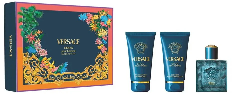 Set Versace: Eros Eau De Parfum For Men, 50 ml + Eros Dušo želė For All Skin Types, 50 ml + Eros Hydrating After-Shave Balzamas, 50 ml