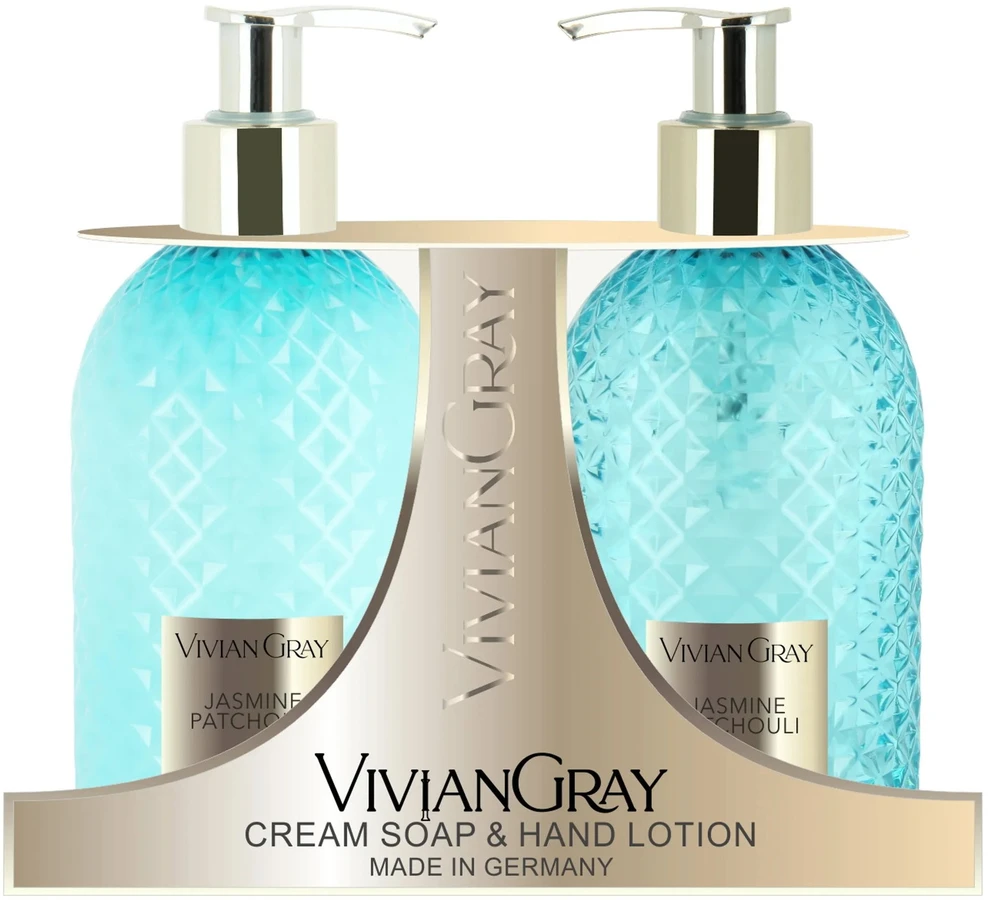 Newcos VIVIAN GRAY rinkinys Gemstone Jasmine & Patchouli: skystas kremas-muilas ir rankų losjonas, 2 x 300 ml