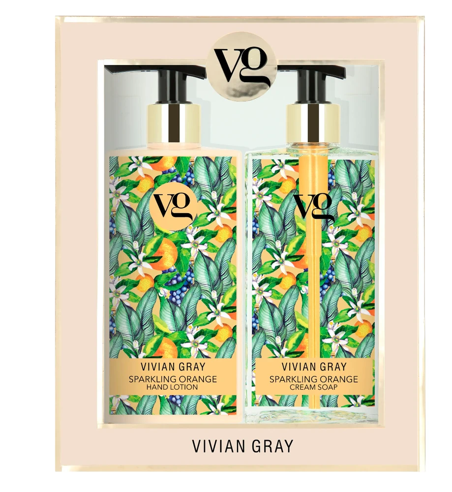 Rinkinys „Vivian Gray“: putojančio apelsino kvapo drėkinamasis rankų losjonas, 350 ml + putojančio apelsino kvapo valomasis skystas muilas, 350 ml