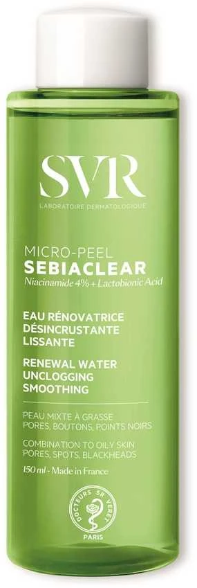 SVR Sebiaclean Micro-Peel atkimštų, lyginamųjų ir atnaujinančių spuogų valiklis Vanduo, 150 ml