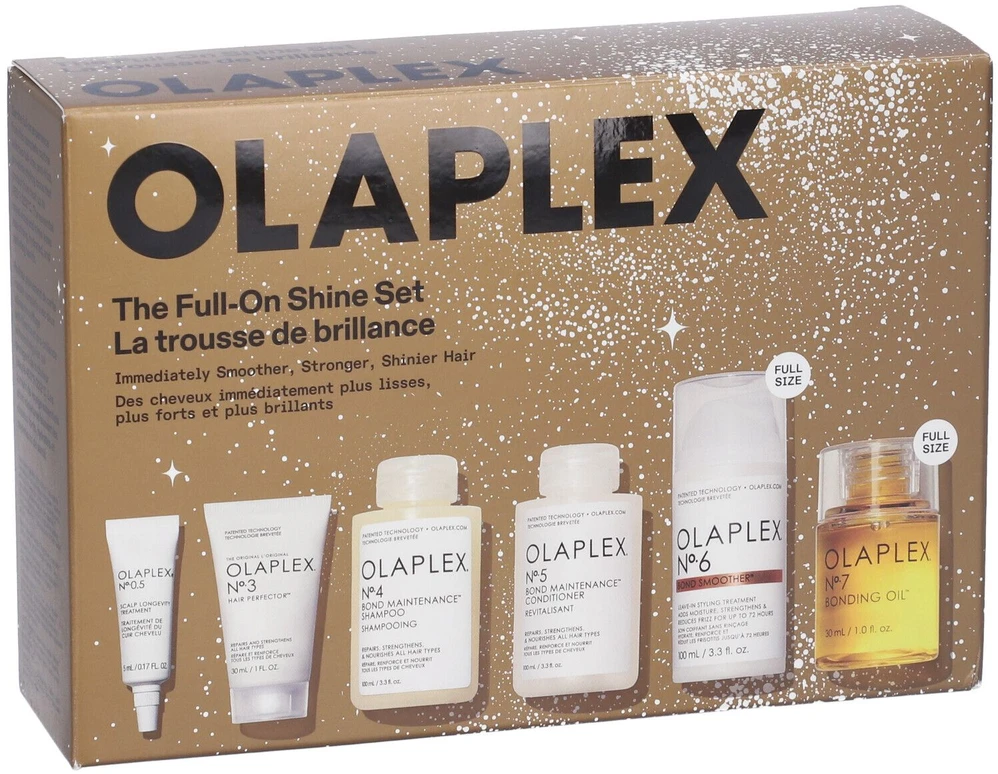 „Olaplex“ rinkinys, suteikiantis plaukams žvilgesio: Nr. 6 „Bond Smoother“ plaukų formavimo kreminis, 100 ml + Nr. 3 „Hair Perfector“ plaukų kreminis atgaivinimui, 30 ml + Nr. 4 „Bond Maintenance“ plaukų šampūnas atkuriamasis ir stiprinamasis, 30 ml + Nr. 0,5 galvos odos ilgaamžiškumo priemonė.